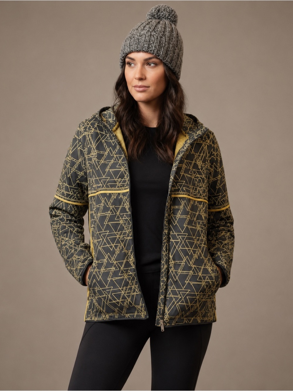 Newland Sz L Abstract Print Grey Yellow Outdoor Hooded Jacket